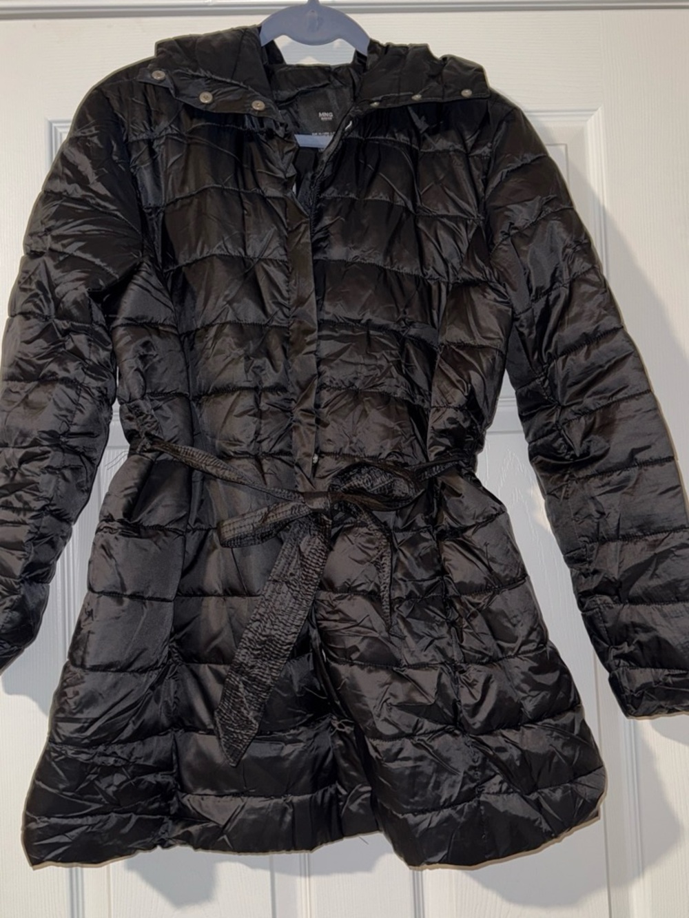 MANGO Black Quilted Belted Hooded Puffer Coat – Women’s Large